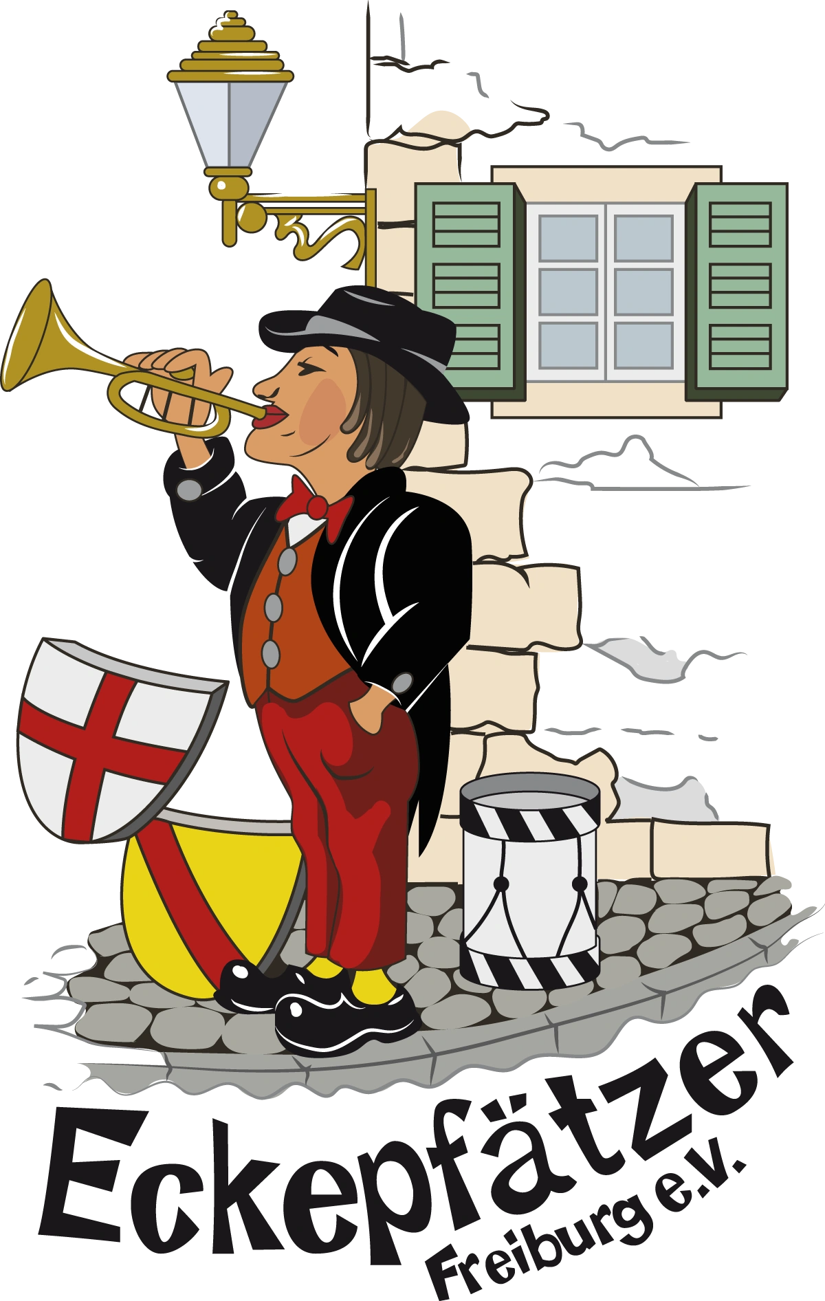 Traditionelles Logo der Eckepfätzer mit Trompeter und Freiburger Motiven